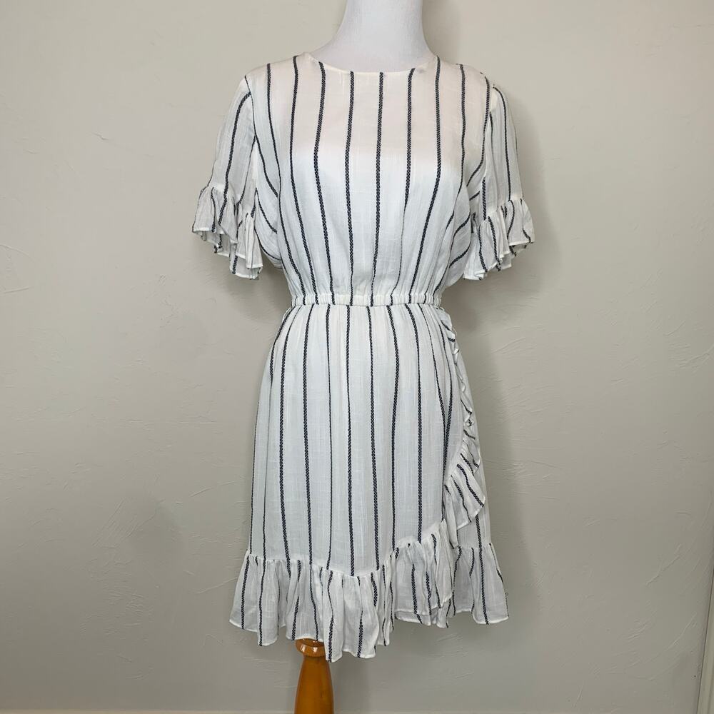 Maison Jules White Black Striped Dress Ruffles Sz Small